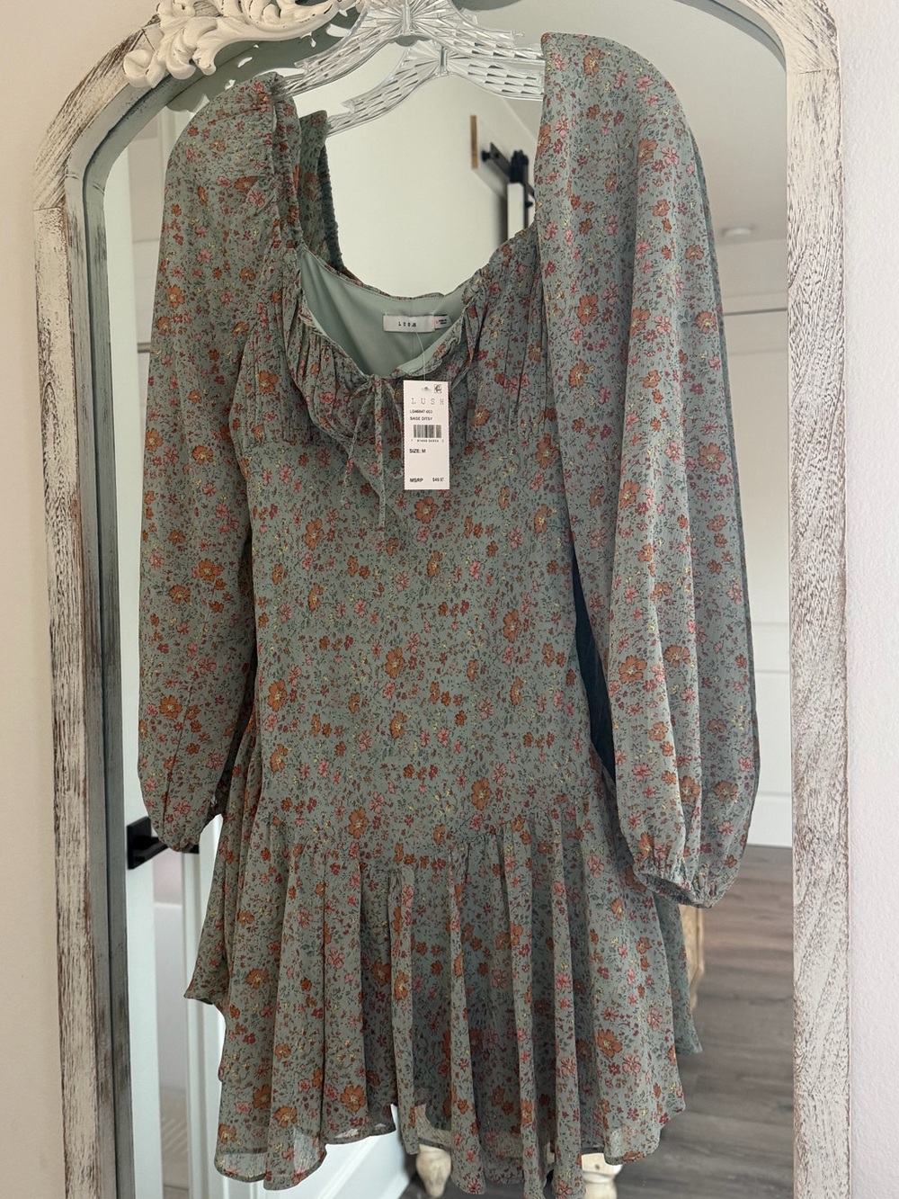 Lush Sage Ditsy Floral Tie-Neck Mini Dress